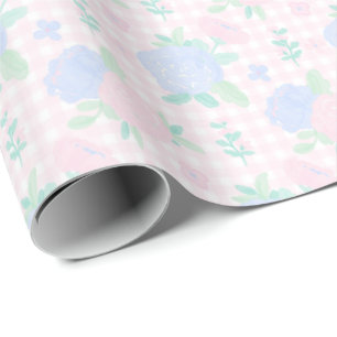 Preppy Watercolor Floral Gingham Birthday Wrapping Paper