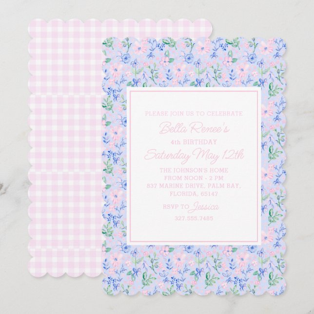 Preppy Watercolor Flowers Editable Invitation (Front/Back)
