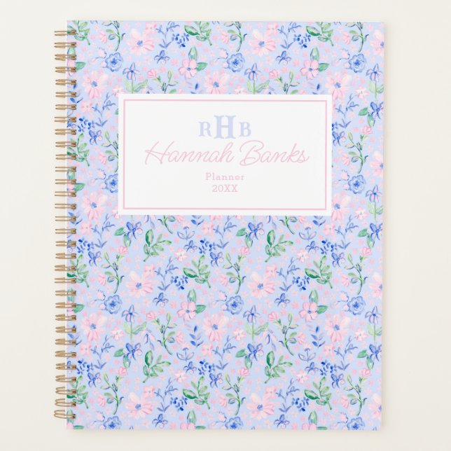 Preppy Watercolor Flowers Monogram Planner (Front)