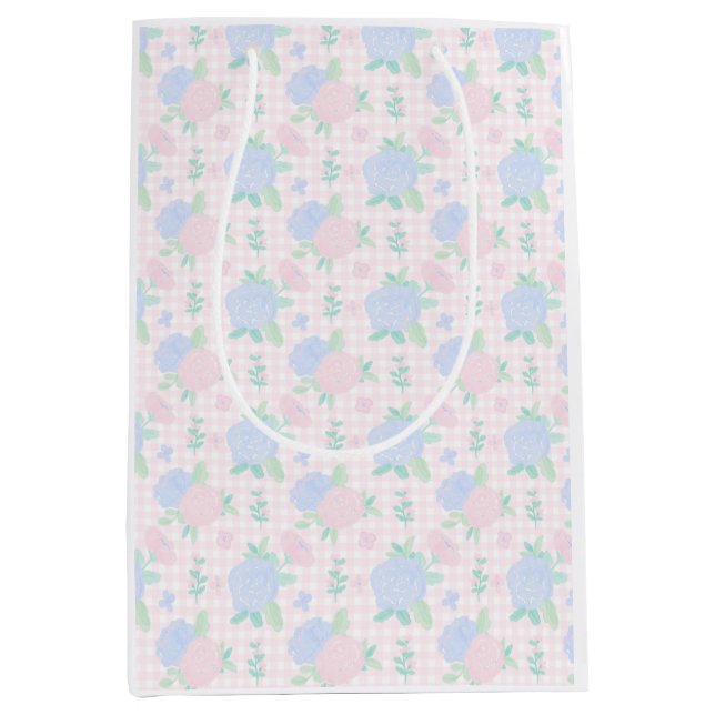Preppy watercolor gingham floral medium gift bag (Front)