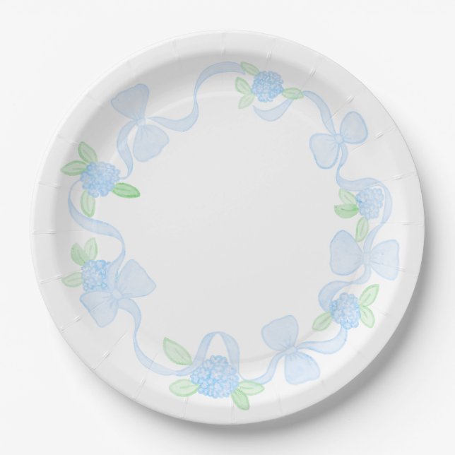 Preppy Watercolor Grandmillennial Hydrangeas Bows Paper Plates (Front)