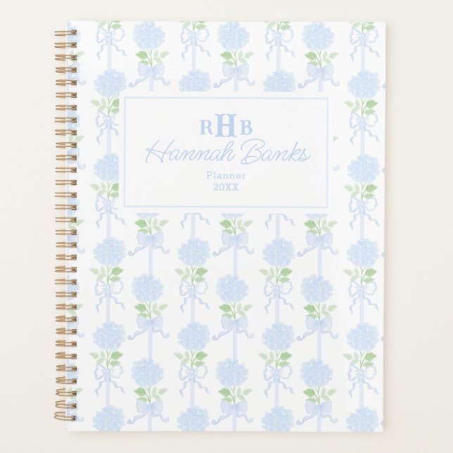 Preppy Watercolor Monogram Hydrangea Bows Planner (Front)