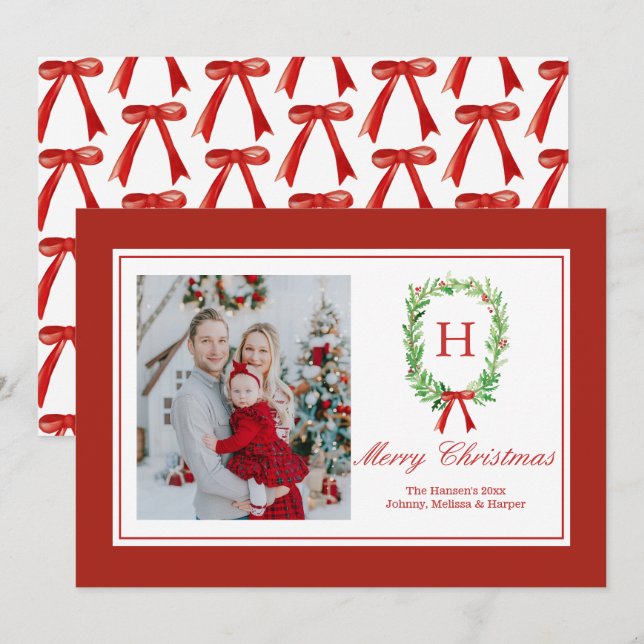 Preppy Watercolor Monogram Wreath Holiday Card (Front/Back)