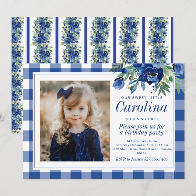 Preppy Watercolor Navy Blue Florals Gingham Invitation (Front/Back)