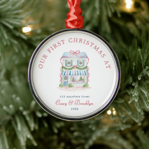 Preppy Watercolor Our First Christmas At Metal Ornament