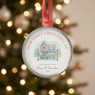 Preppy Watercolor Our First Christmas At Metal Ornament