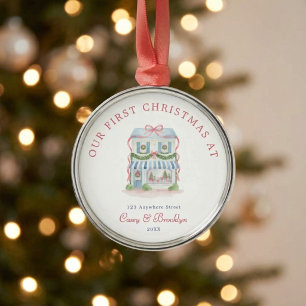 Preppy Watercolor Our First Christmas At Metal Ornament