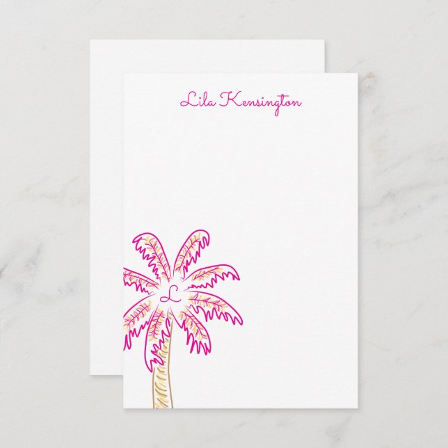 Preppy Watercolor Palm Tree Monogram Note Cards (Front/Back)