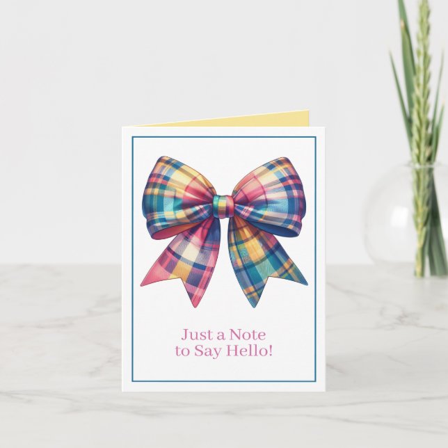 Preppy Watercolor Plaid Bow Personalized Note Card (Front)