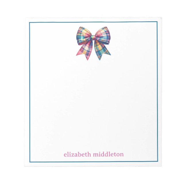Preppy Watercolor Plaid Bow Personalized Notepad (Front)