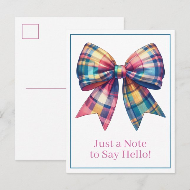 Preppy Watercolor Plaid Bow Personalized Postcard (Front/Back)