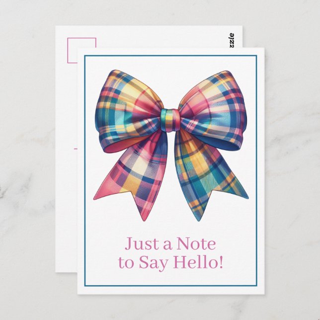 Preppy Watercolor Plaid Bow Personalized Postcard (Front/Back)