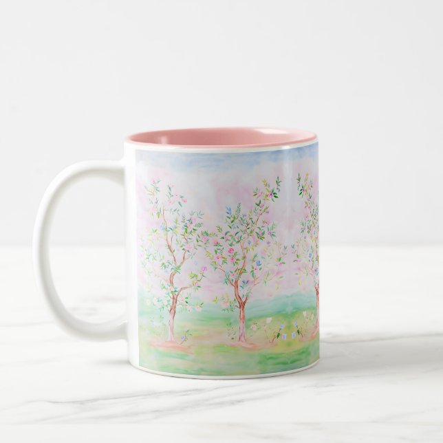 Preppy Watercolor Pretty Chinoiserie Pink Two-Tone Coffee Mug (Left)