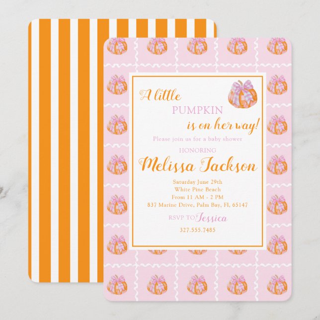 Preppy watercolor pumpkin baby shower invitation (Front/Back)