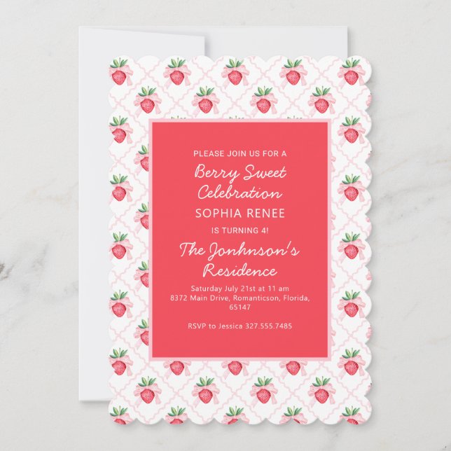 Preppy Watercolor Strawberries Berry Sweet Invitation (Front)