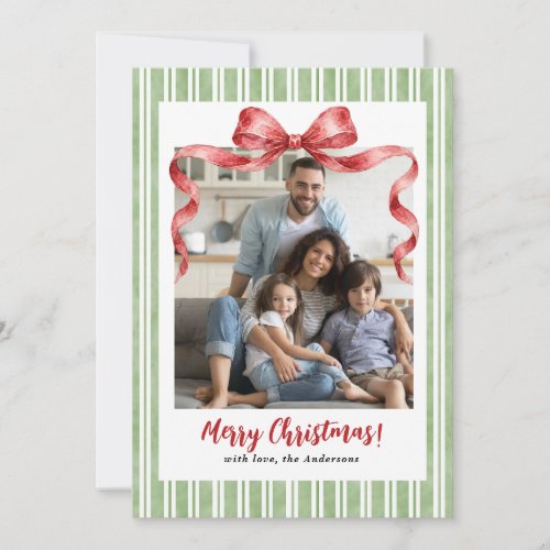 Preppy Watercolor Vintage Bow Christmas Photo Holiday Card