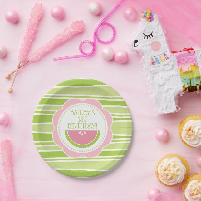 Preppy Watermelon 1st Birthday Pink and Green Paper Plates (Party)