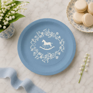 Preppy Wedgewood Blue Rocking Horse Baby Shower Paper Plates