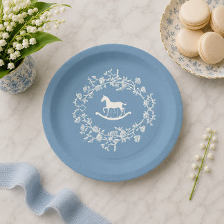 Preppy Wedgewood Blue Rocking Horse Baby Shower Paper Plates