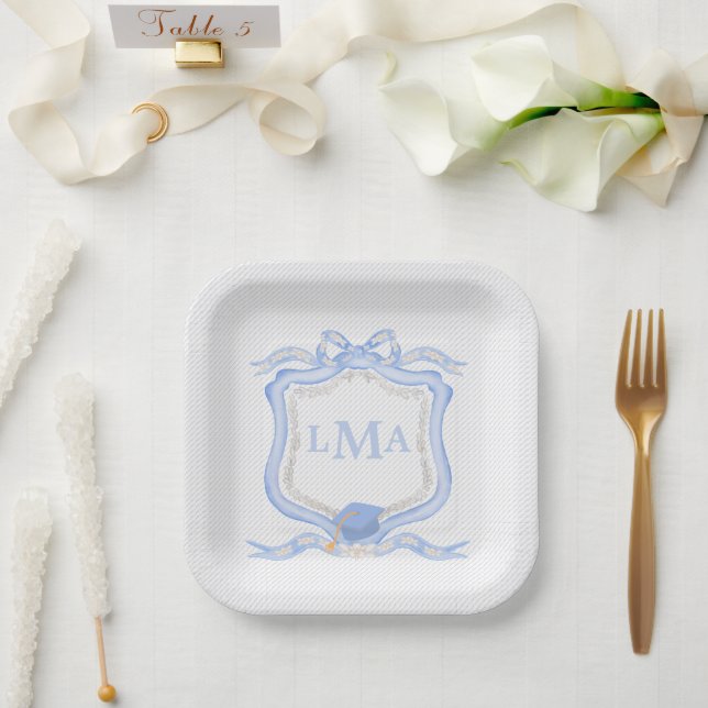 Preppy Wedgewood Monogram Graduation Paper Plates (Wedding)
