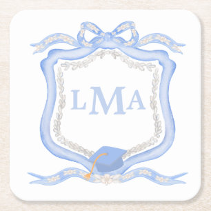 Preppy Wedgewood Monogram Graduation Square Paper Coaster