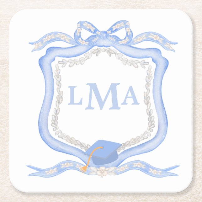 Preppy Wedgewood Monogram Graduation Square Paper Coaster (Front)
