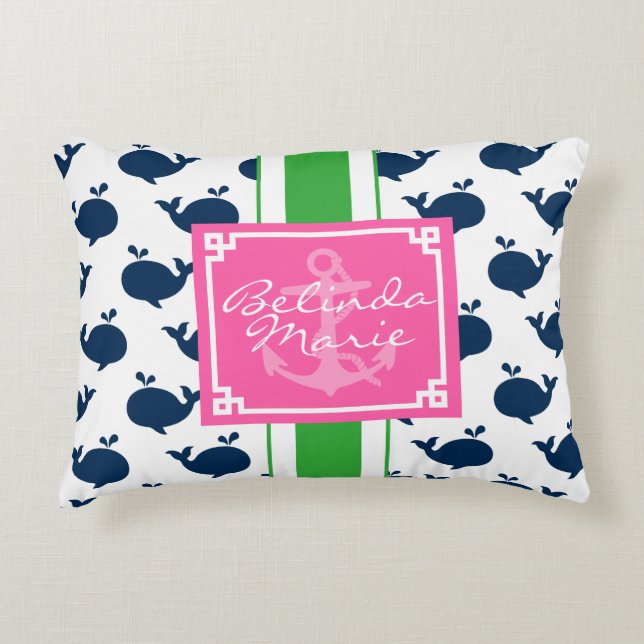 Preppy Whales Pattern Personalized Monogram Decorative Pillow (Front)