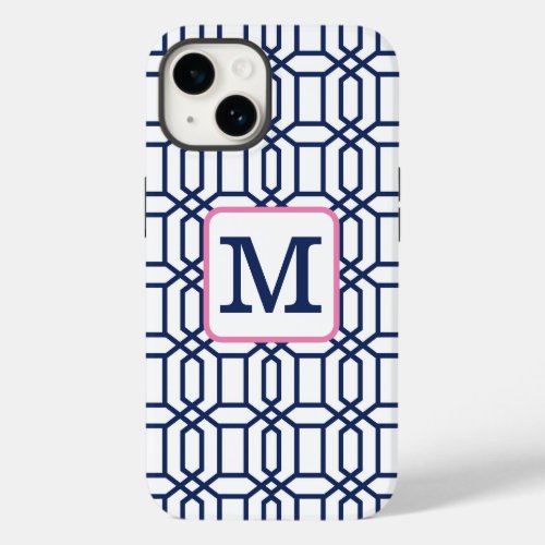 Preppy White Blue Octagon Monogram Initial Case_Mate iPhone 14 Case