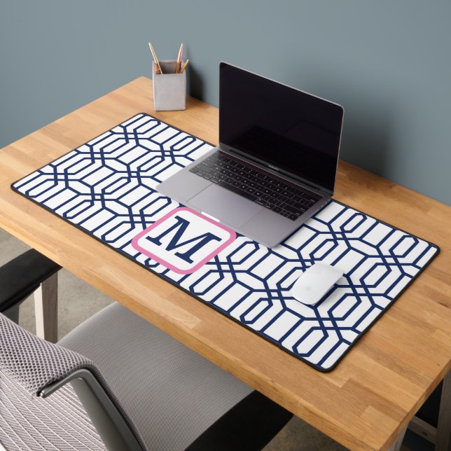 Preppy White Blue Octagon Monogram Initial Desk Mat (Office 2)