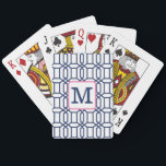 Preppy White Blue Octagon Monogram Initial Poker Cards<br><div class="desc">These preppy monogram white navy cards are perfect for hand and foot,  hearts,  poker and whichever other card game your family likes to play. Personalize with an initial. This white navy octagon pattern can be found on other items in my store,  PageCreativeDesigns.</div>