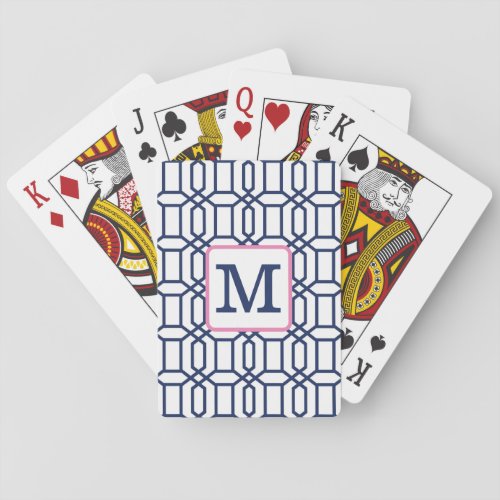 Preppy White Blue Octagon Monogram Initial Poker Cards