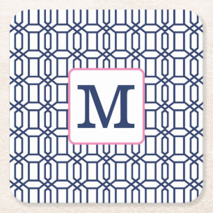 Preppy White Blue Octagon Monogram  Square Paper Coaster