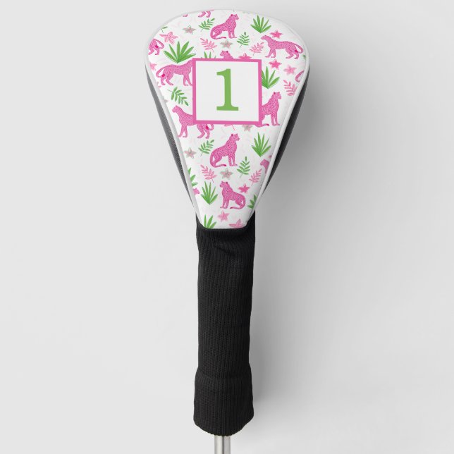 Preppy White Cheetah Custom Number Golf Head Cover (Front)