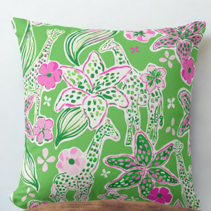 Preppy White Giraffes Pink Floral Lime Green Throw Pillow