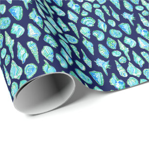 Preppy White Green Blue Seashell Navy Wrapping Paper