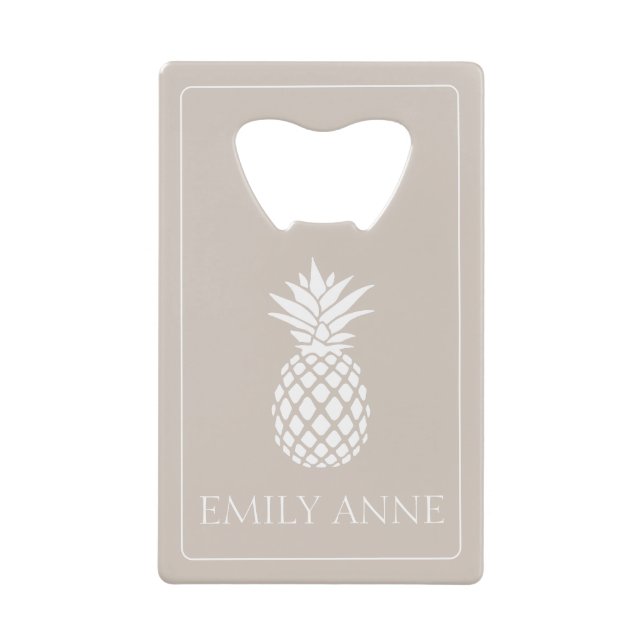 Preppy White Pineapple on Beige Credit Card Bottle Opener (Front)
