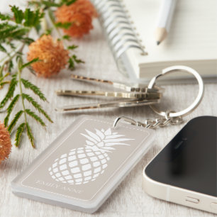 Preppy White Pineapple on Beige Keychain