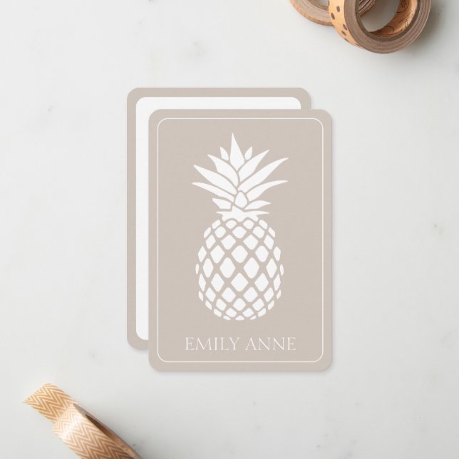 Preppy White Pineapple on Beige Note Card (Front/Back In Situ)