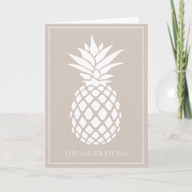 Preppy White Pineapple on Beige Note Card (Front)