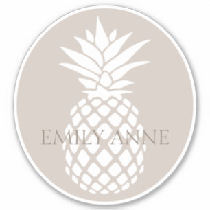 Preppy White Pineapple on Beige Personalized Sticker