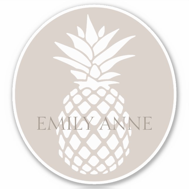 Preppy White Pineapple on Beige Personalized Sticker (Front)