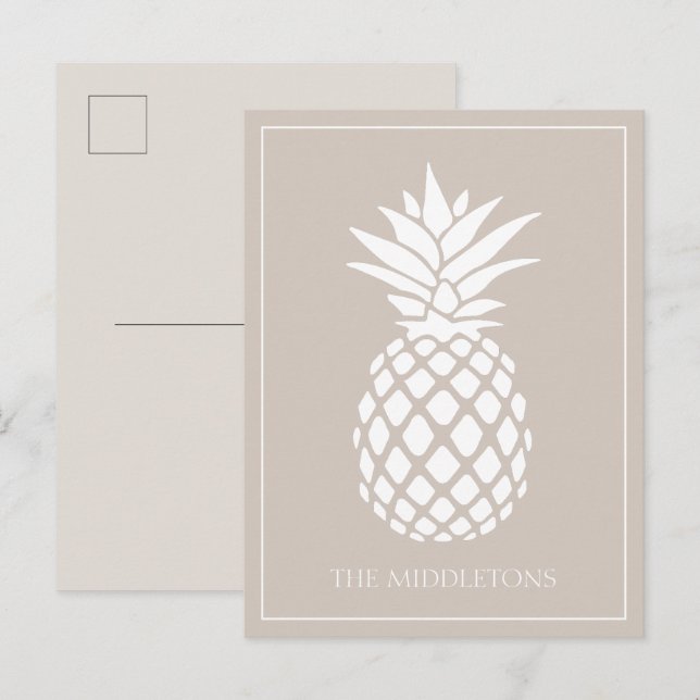 Preppy White Pineapple on Beige Postcard (Front/Back)