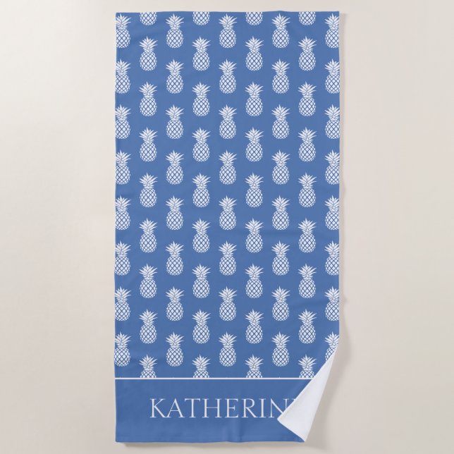 Preppy White Pineapple on Blue Beach Towel (Front)