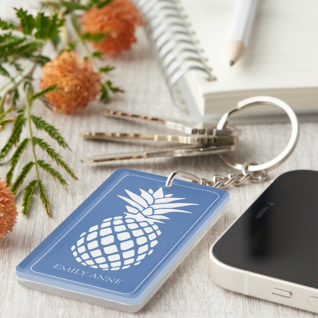 Preppy White Pineapple on Blue Keychain (Front Right)