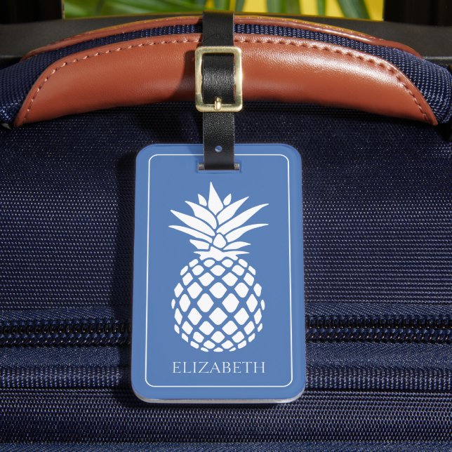 Preppy White Pineapple on Blue Luggage Tag (Front Insitu 2)