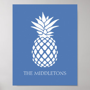 Preppy White Pineapple on Blue Poster