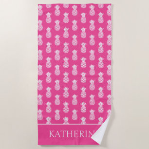 Preppy White Pineapple on Pink Beach Towel