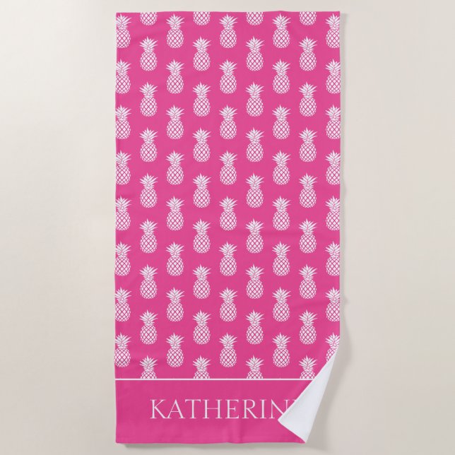 Preppy White Pineapple on Pink Beach Towel (Front)