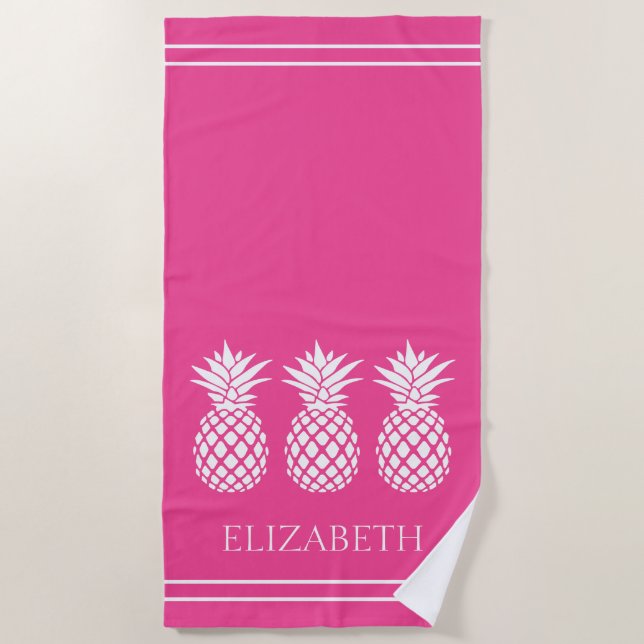 Preppy White Pineapple on Pink Beach Towel (Front)