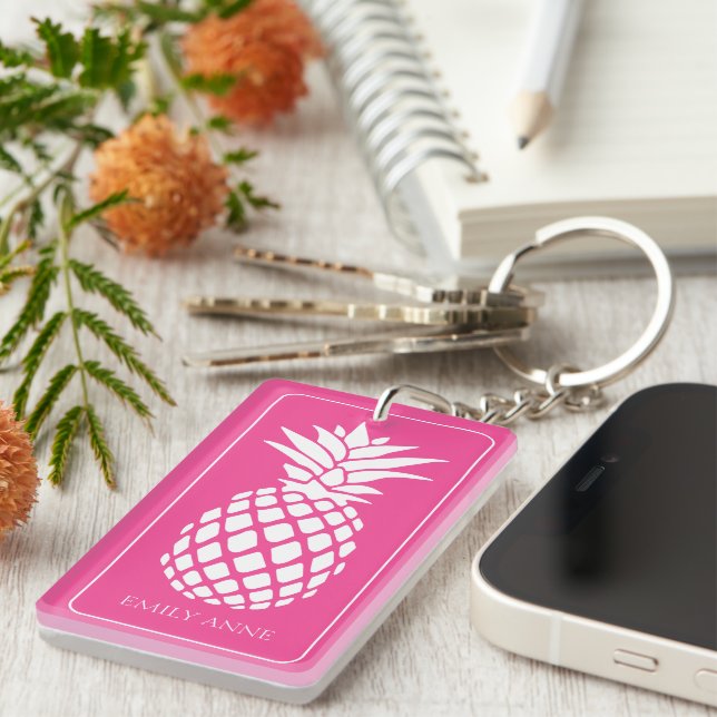 Preppy White Pineapple on Pink Keychain (Front Right)